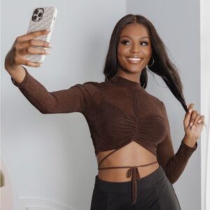 🆓with bundle purchase 🌟 SHEIN Sheer Sparkle Cinched Mock Neck Brown Crop Top
